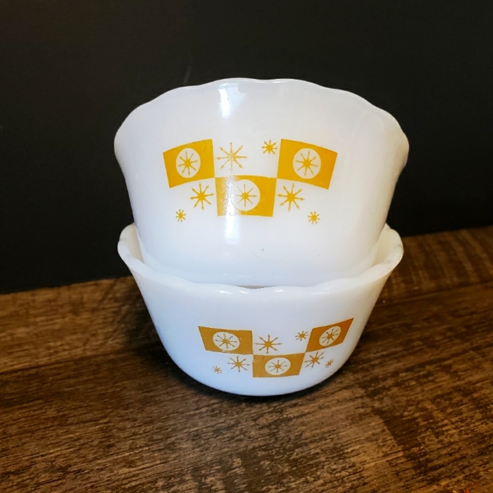 Fire King Atomic Star White Bowls with Yellow Starburst Design Milk Glass
